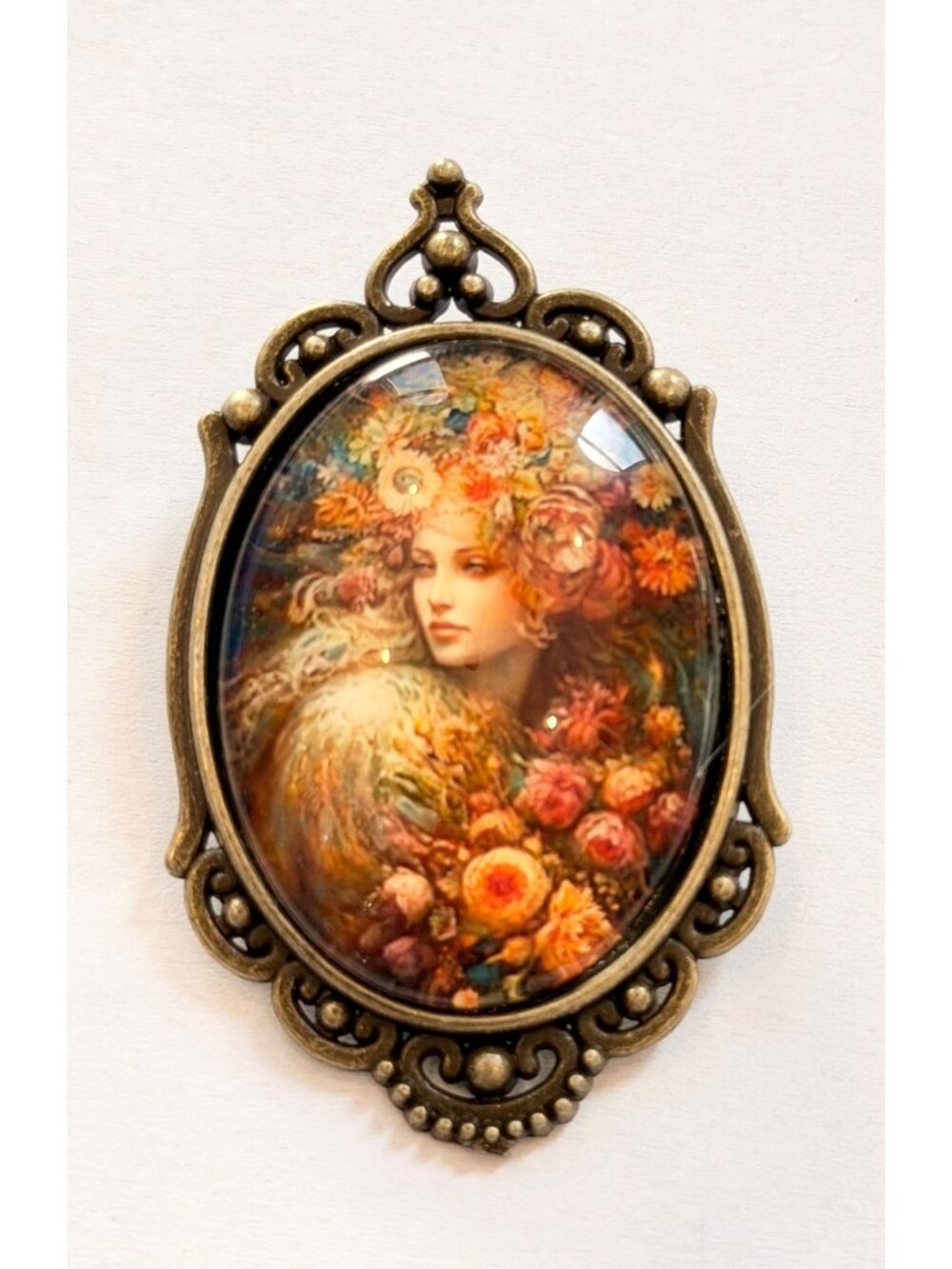 Vintage Brass Frame Brooch With Floral Lady Art Nouveau Style Oval Glass Cabocho